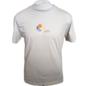 Denim & Flowers cream tee t-shirt "Aesthetic" logo navy blue orange yellow L